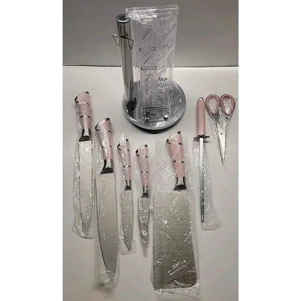 8 Pcs Kitchen Knives Set Pink Acrylic Stainless Steel Professional Chef's Knives